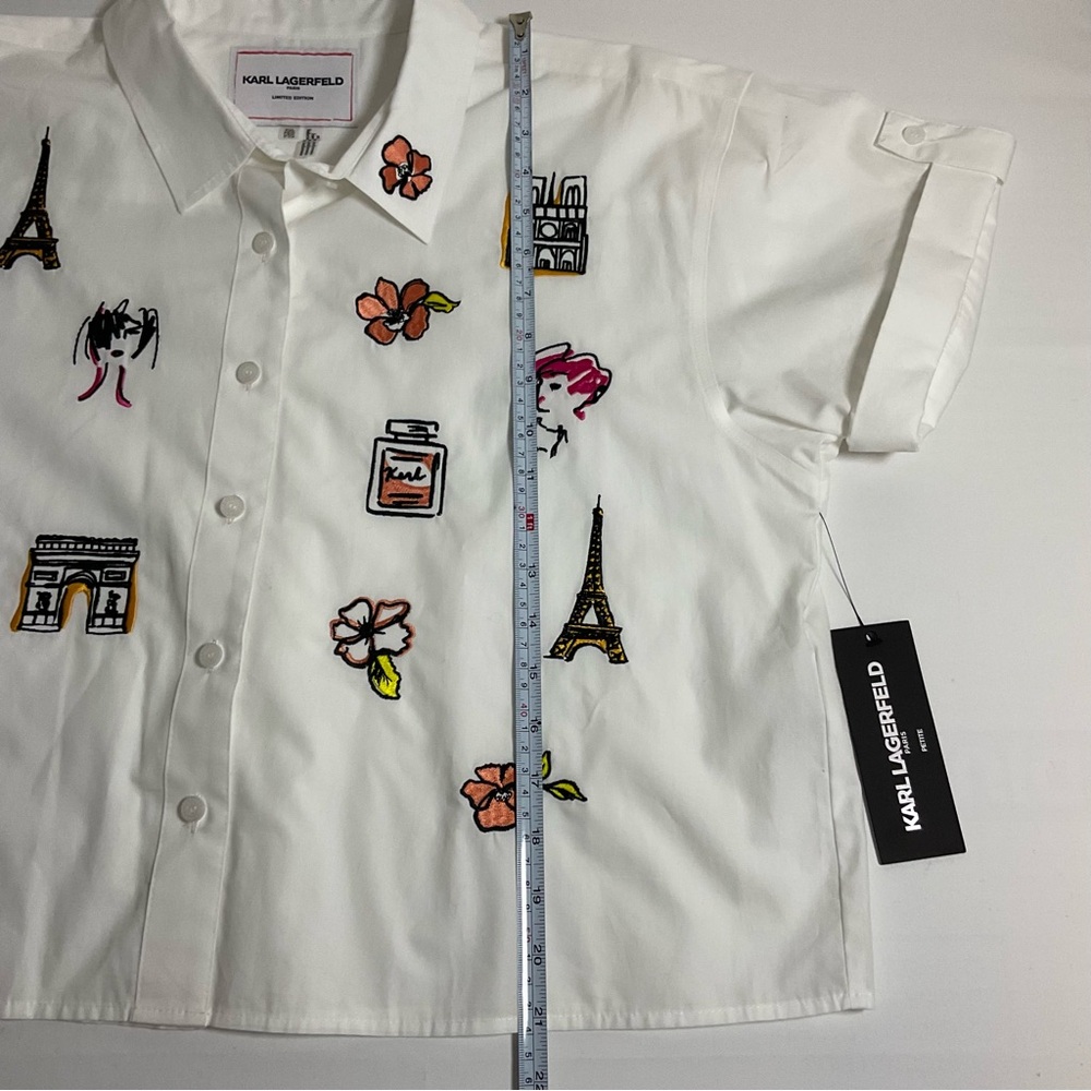 KARL LAGERFELD PARIS Petite Cotton Embroidered Short-Sleeve Shirt Size XL - Picture 7 of 8